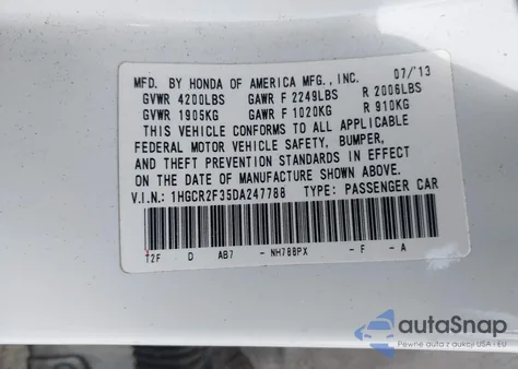 2013 Honda Accord Lx from USA, damaged, VIN 1HGCR2F35DA247788